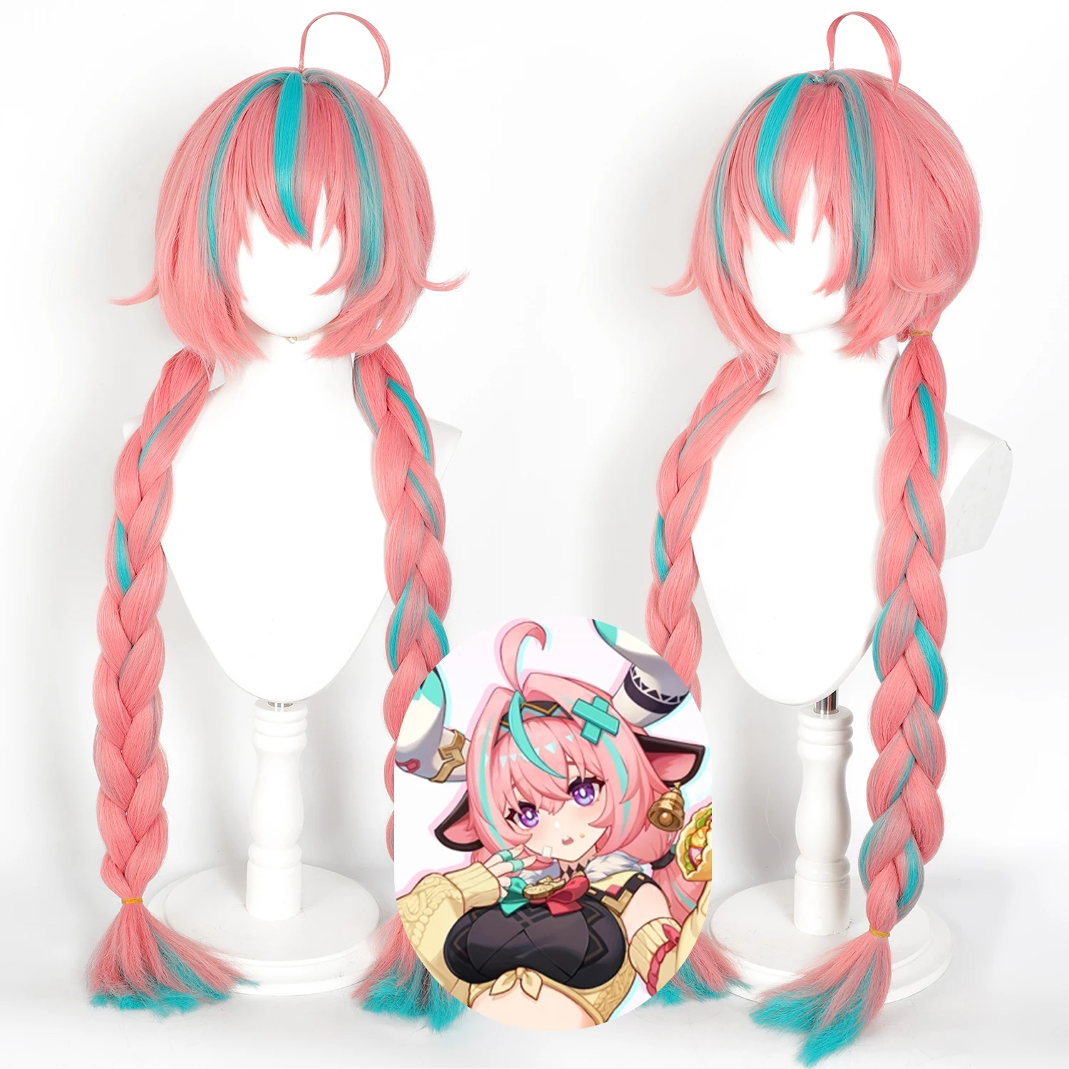 Premium Pink Synthetic Cosplay Wig with Blue Ombre Streaks Long Double Braid Style with Horn Accessories Heat Resistant for Game