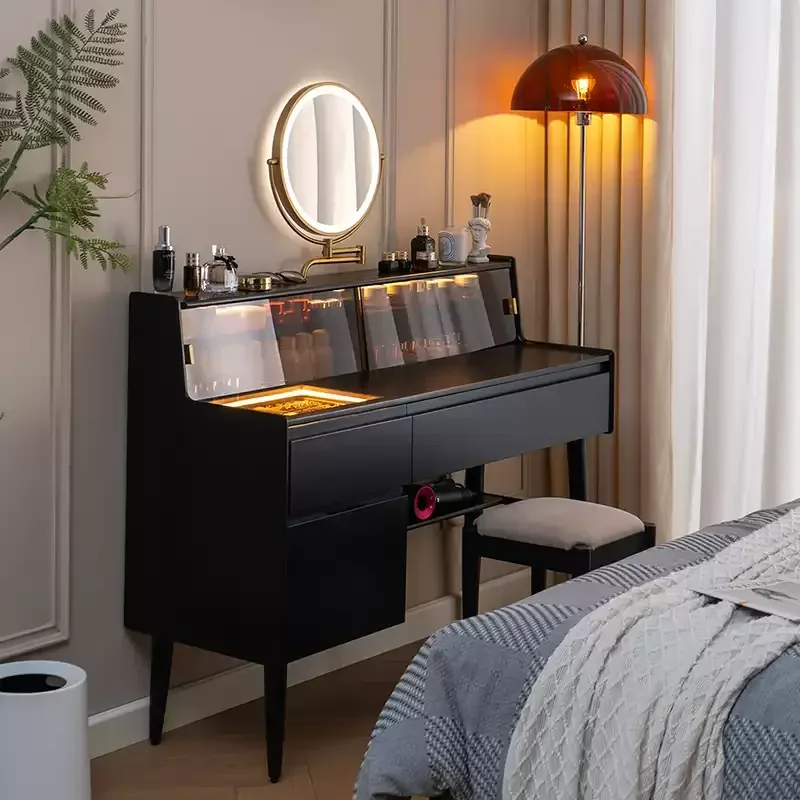 Black Dresser Desk Storage Cabinet Integrated Premium Bedroom Solid Wood