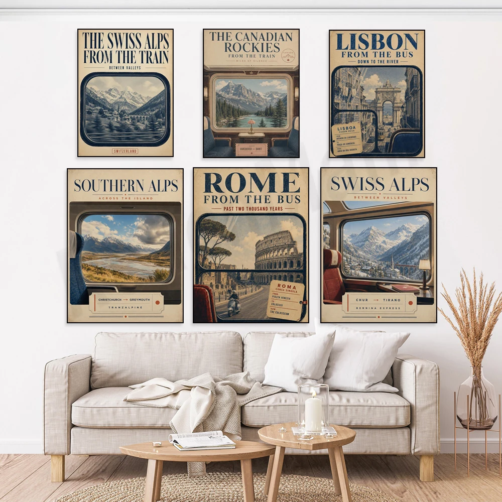 Vintage bus tickets and train window travel posters from Spain, London, Switzerland, Sri Lanka, New Zealand, Canada, and Peru.