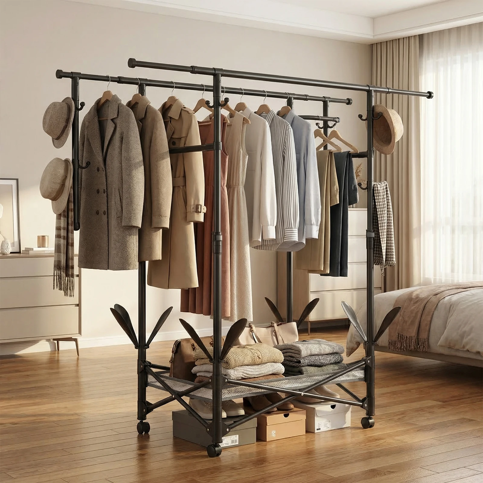 

Sturdy Garment Rack with Storage Shelf Double Rod Clothes Hanger Floor on 360° Casters Bathroom Laundry Room Clothes Drying Rack