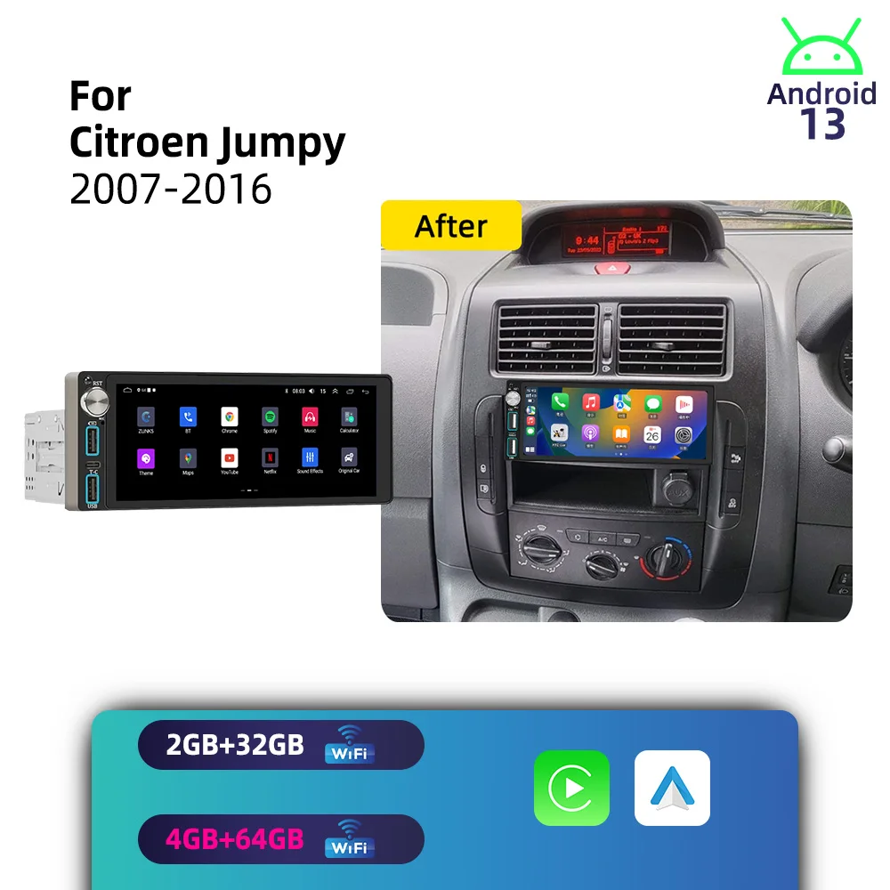Wireless Carplay Android for Citroen Jumpy 2007-2016 1 Din Car Stereo GPS Navigation Multimedia Autoradio Radio Headunit Auto