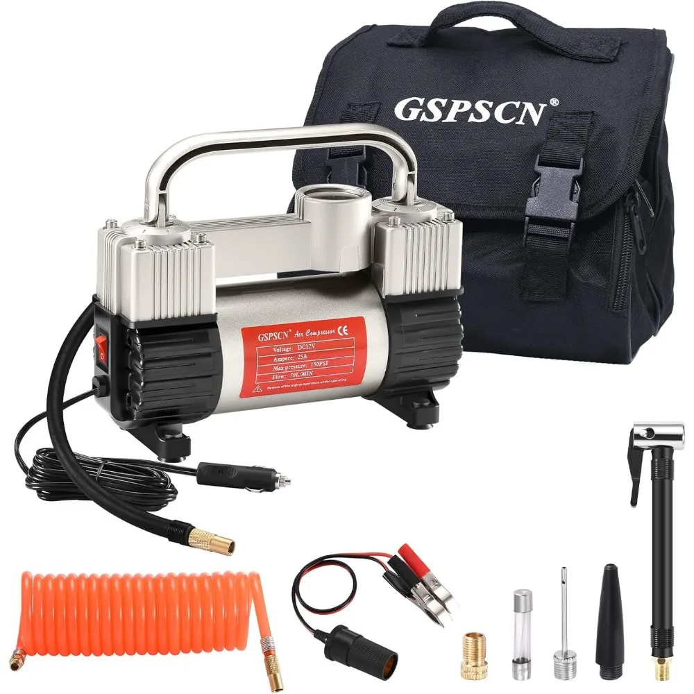 

Heavy Duty Double Cylinder Tire Inflator, 6X Faster Inflation, 150PSI Air Compressor Pump with Adapter for Car, Truck, SUV Tires