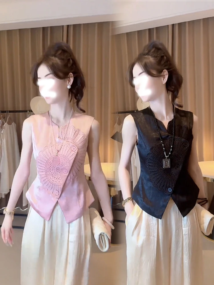 Novo Colete Feminino Chinês de Verão, Estilo Elegante e Versátil, Cor Lisa com Bordado, Tamanho Pequeno, para o Dia a Dia