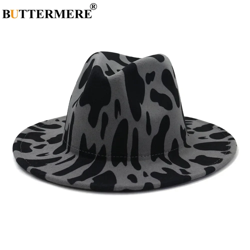 

BUTTERMERE Gray Cow Grain Fedora Hat Women Panama Felt Fedora Hats Autumn Winter Brand Ladies Wide Brim Party Trilby Jazz Cap