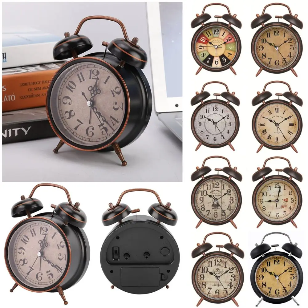 4 Inch Retro Alarm Clock Silent Movement with Night Light Desktop Clock Black&Gold Easy Operate Ringing Alarm Clock Office Desk