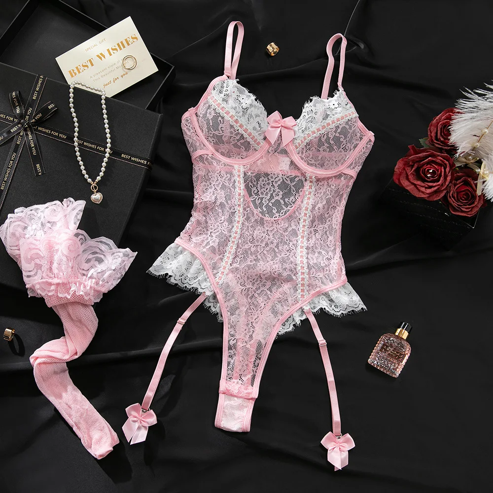 

Sexy Lace Erotic Set Women Thin See Through Lingerie Bodysuit Set Hollow Out Elegant Underwear Party Club Sexy Costumes