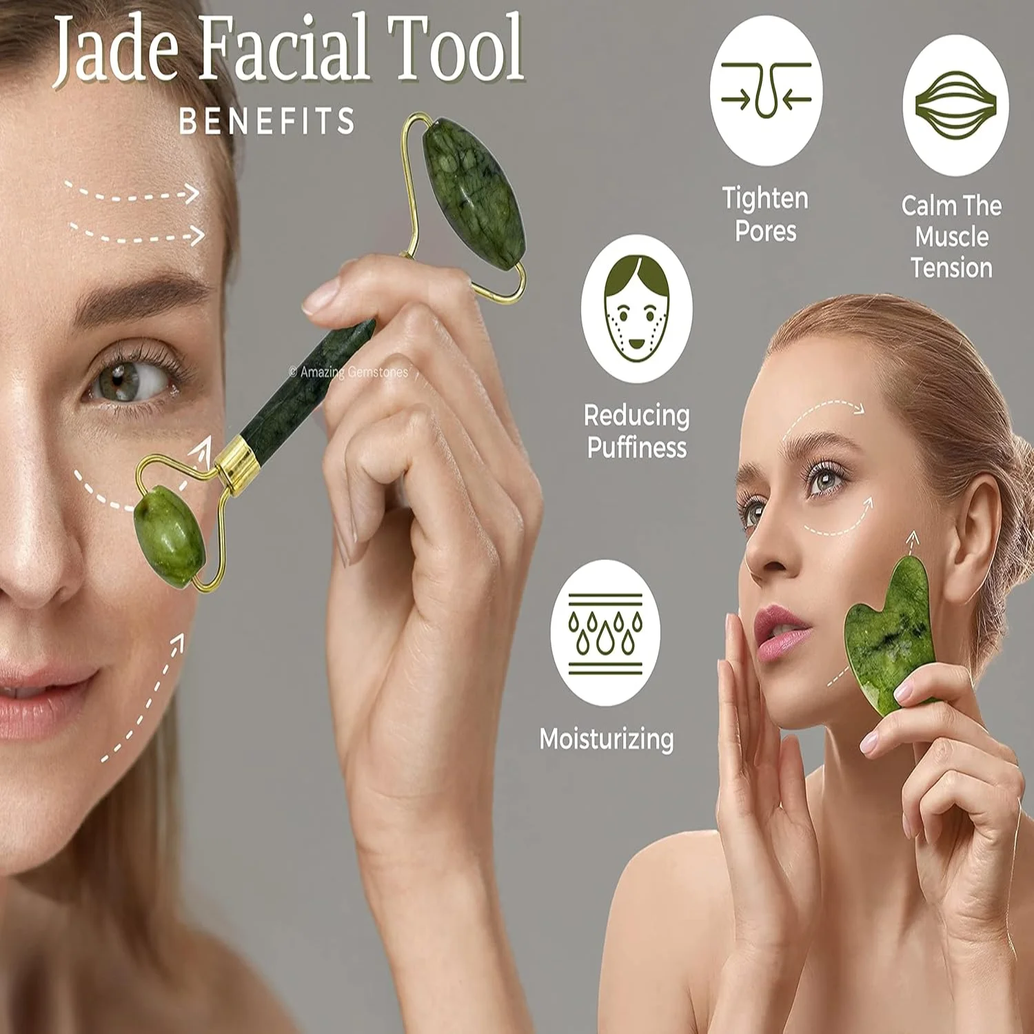 Rodillo de jade para rostro con Jade Gua Sha - Regalos para el día de la madre Rodillo facial Herramienta para esculpir rostro para el cuidado de la piel - Adecuado para hombres y mujeres -