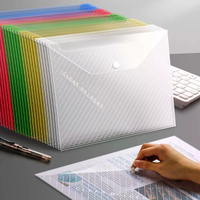 10Pcs A4 File Bag Transparent Folder Waterproof Snap Buckles Large Capacity File Bag Office Storage Bag Student Test Paper Bag