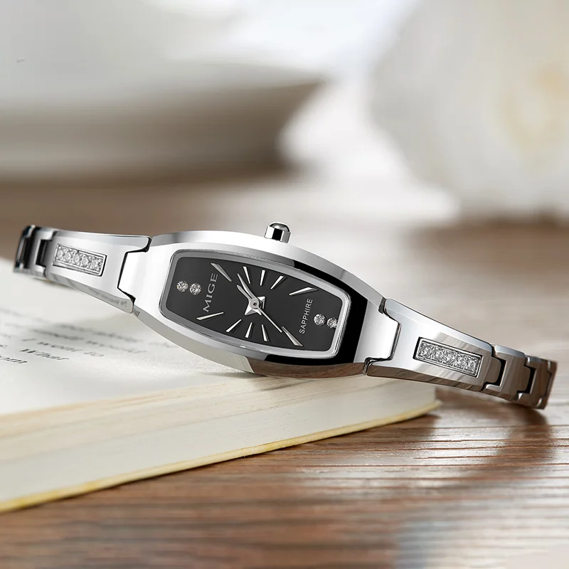 Elegant MIGE Women Quartz Wrist Watch, Silver Steel Band, Rectangle Black Dial, Rhinestone Decor Sapphire Crystal Ladies Dress W
