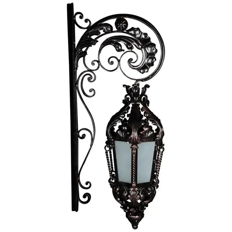 Hand Forged Wrought Iron Wall Lamp with Scrollwork Design Vintage Outdoor Sconce for Garden and Facade