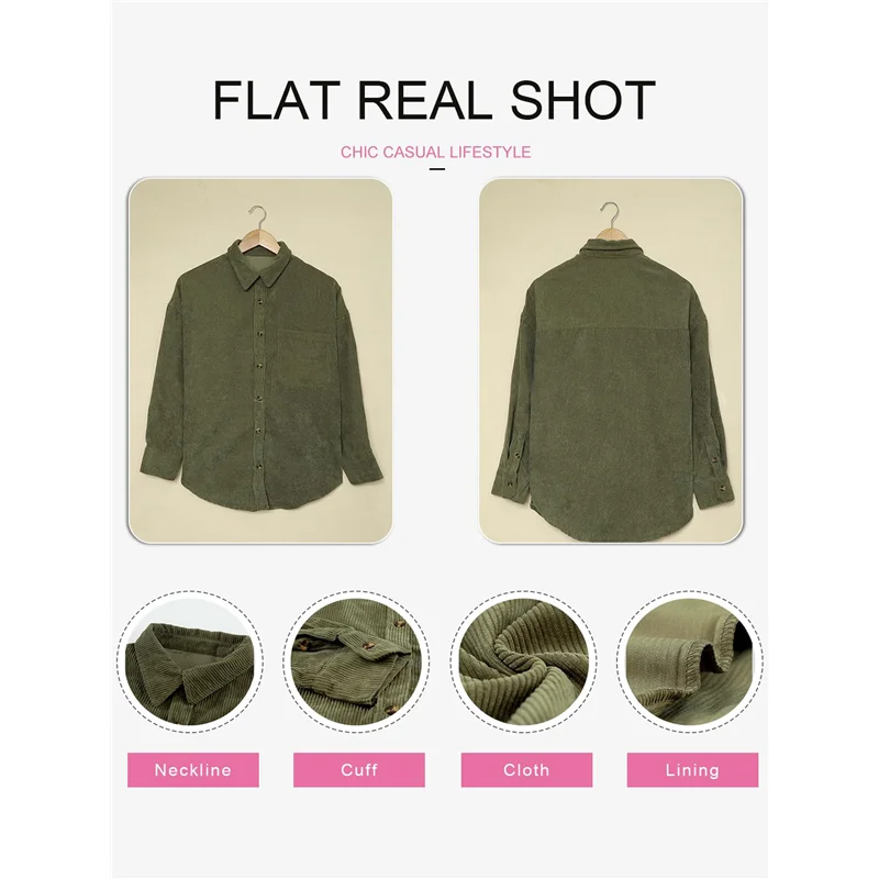 

NEW-Womens Corduroy Button Down Shirts Boyfriend Long Sleeve Oversized Blouses Tops