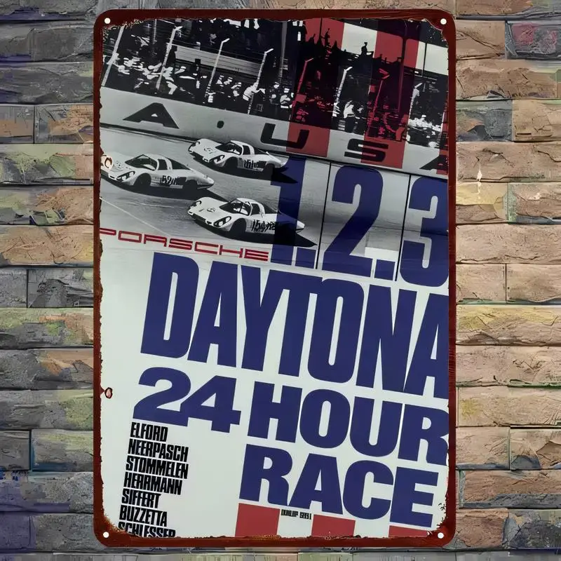 Vintage Metal Tin Sign - Daytona 24 Hour Race 1.2.3 Racing Poster, Retro Iron Wall Art with Cars & Drivers, for Garage/Bar Man C