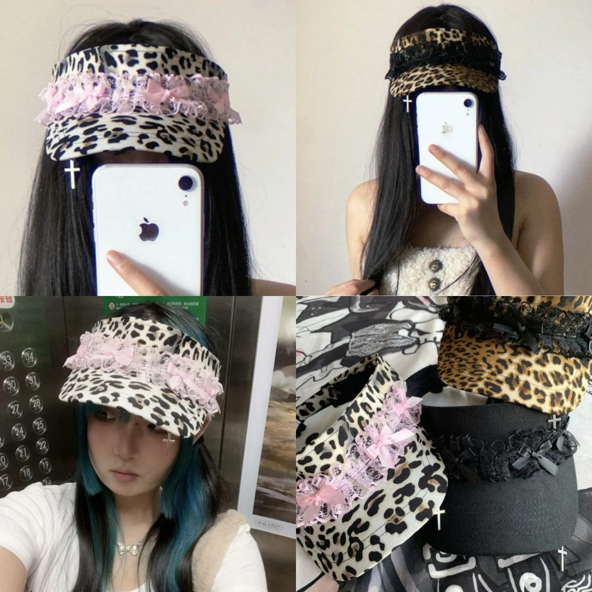 Korean Style Women Y2K Leopard Print Empty Top Cap Pink Lace Bow Decor Curved Brim Streetwear Sun Visor Hat