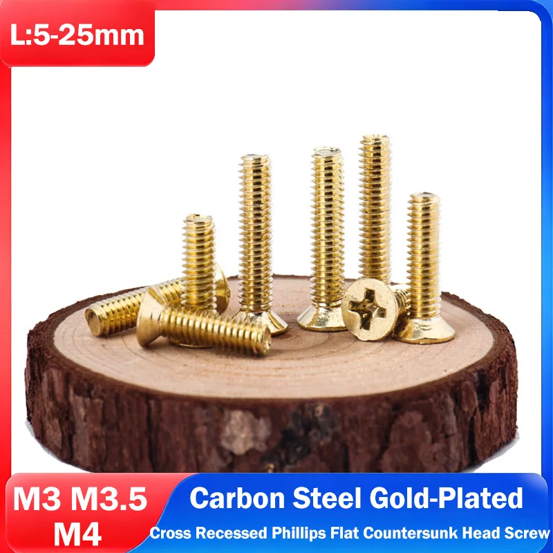 M3 M3.5 M4 Carbon Steel Gold Plated Phillip Flat Head Screw Cross Countersunk Screws Metric Thread Length 5mm-25mm