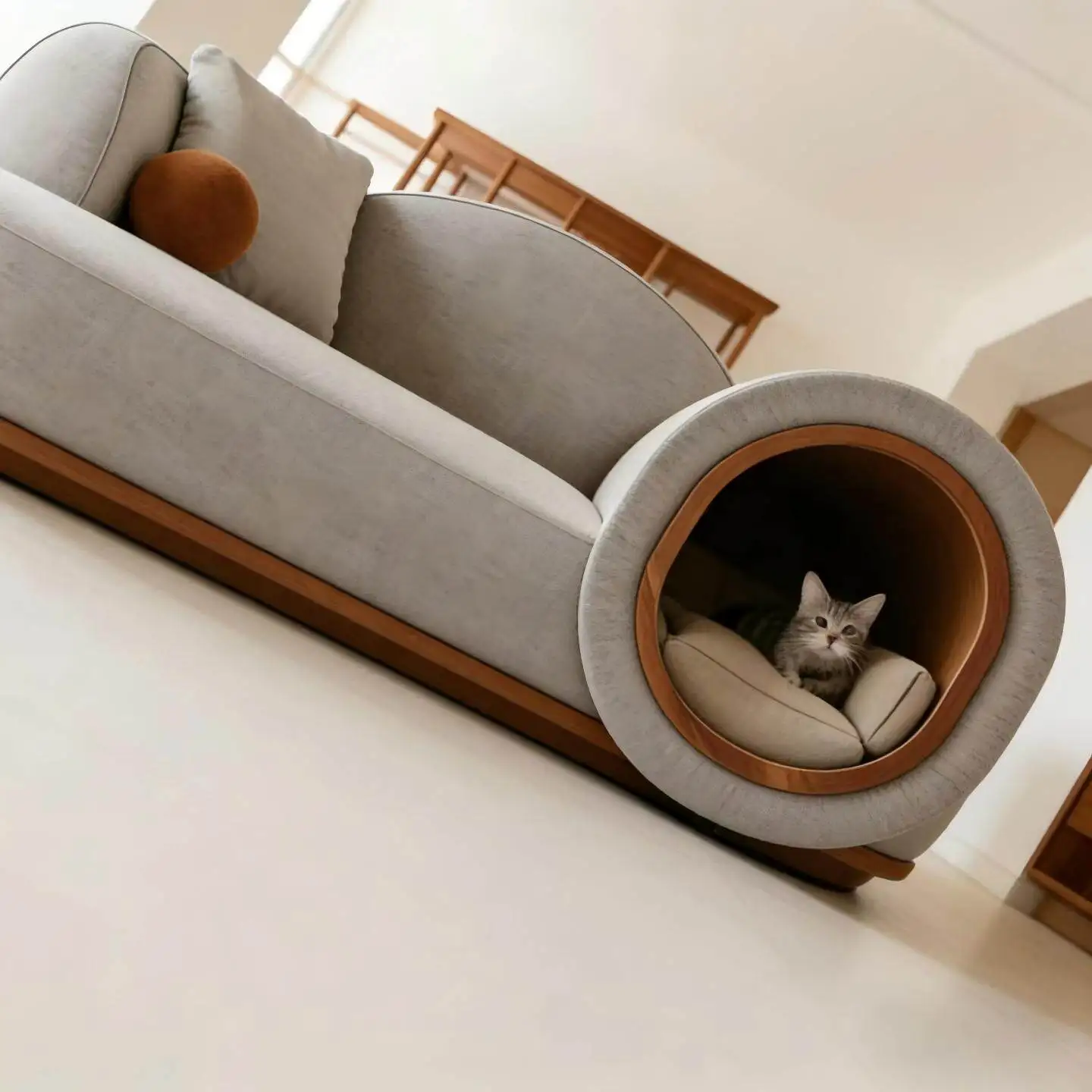 Modern curved padded eco-friendly sponge-filled sofa with built-in cat hole, a shared sofa suitable for pets