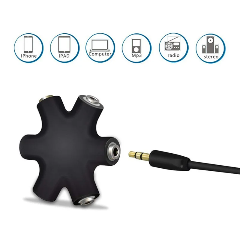 3.5mm Earphone Audio Splitter 1 to 5 Female Connector 6 Way Port Aux Music Sound Output + 1pcs 20cm Cable for Stereo Headset