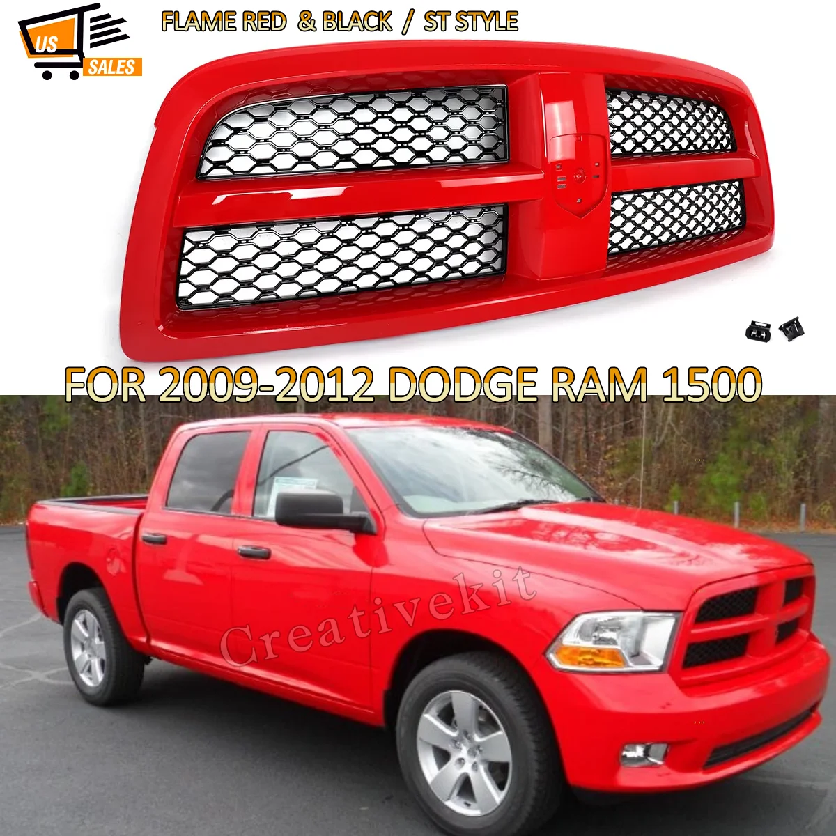 

Honeycomb Mesh Car Front Grille Flame Red for Dodge RAM 1500 2009-2012 Front Bumper Upper Grille Racing Grills Hood Grid Grille