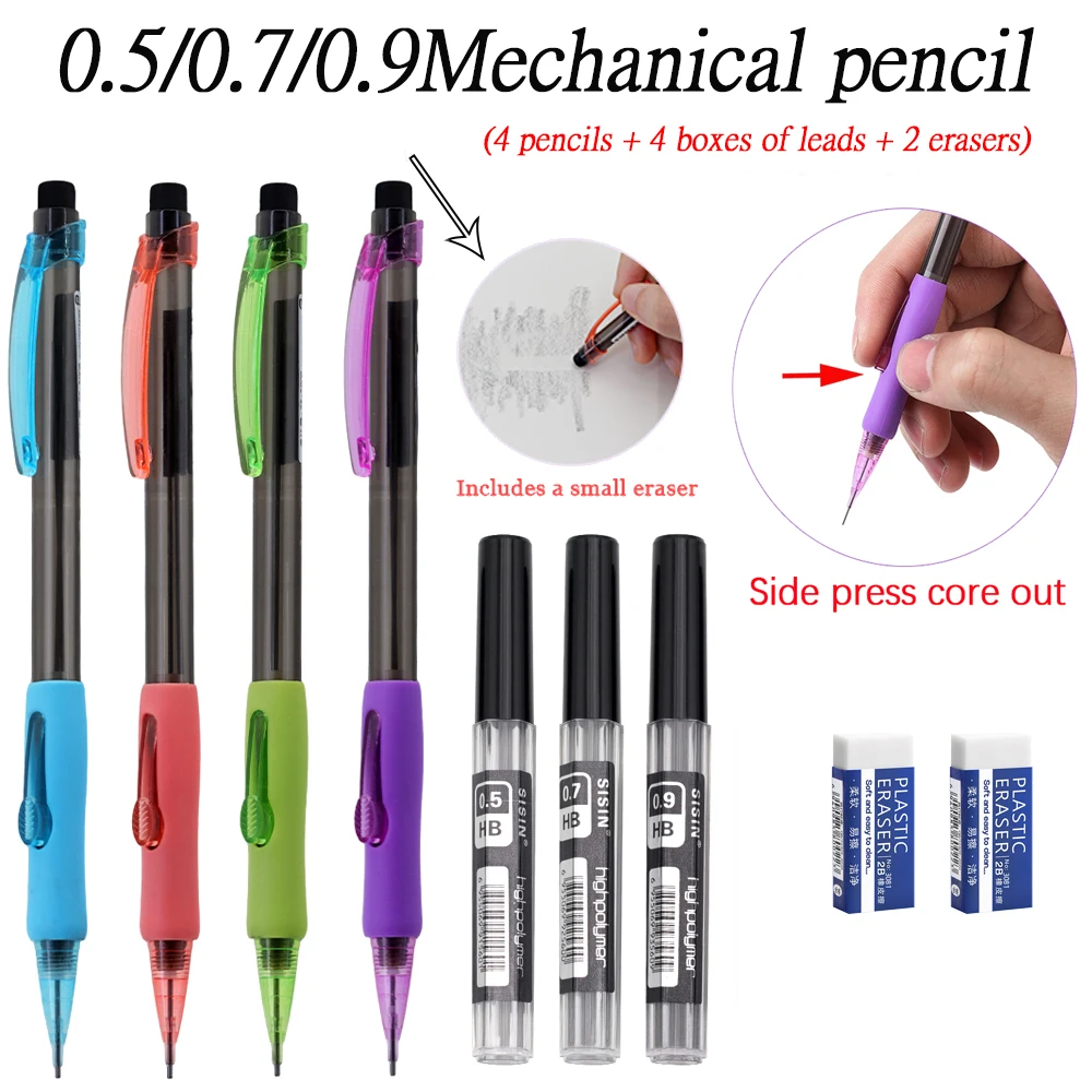 

High Quality 0.5/0.7/0.9mm Side Press Mechanical Pencils Set with 4box Leads,2 eraser,Student School Writing Drawing Supplies