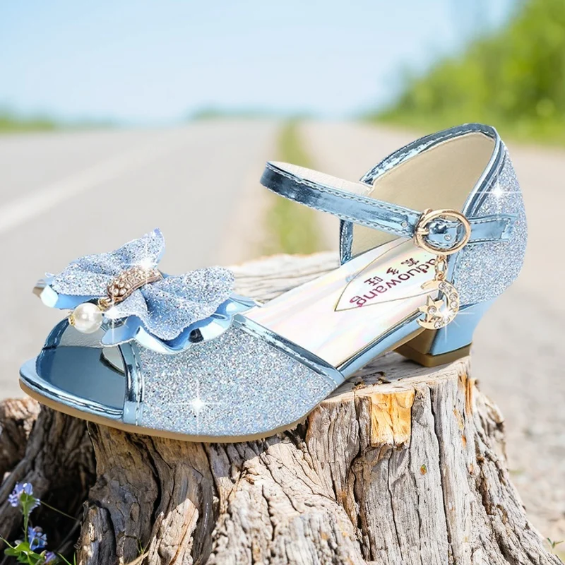 

Girls Blue High-heeled Sandals Children's Sky Blue Sandalies New Bow Sandal Crystal Shoes Girls Students Cuhk Fish Mouth Sandals