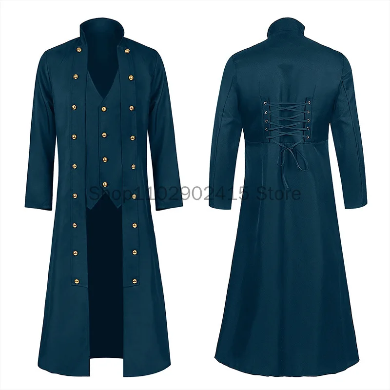 Vintage Medieval Solid Long Sleeve Standing Neck Three Breasted Men's Coat Cross Tie Waist Long Halloween Carnival Gothic Coat