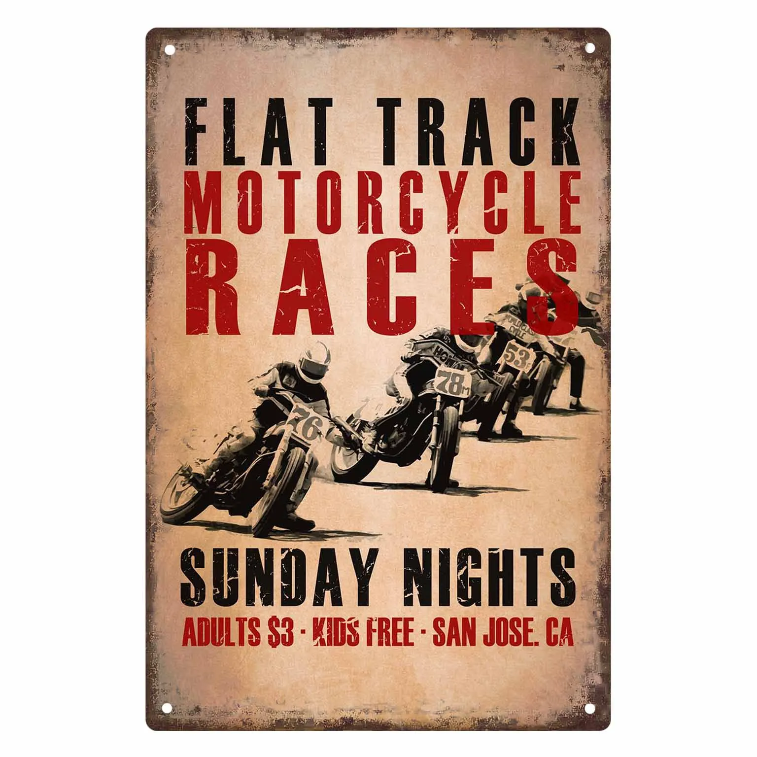 2D FLAT 1pc Flat Track Motorcycle Races Sunday Nights Metal Wall Sign Decoration for Home Cafe Garage Bedroom Porch And Garden