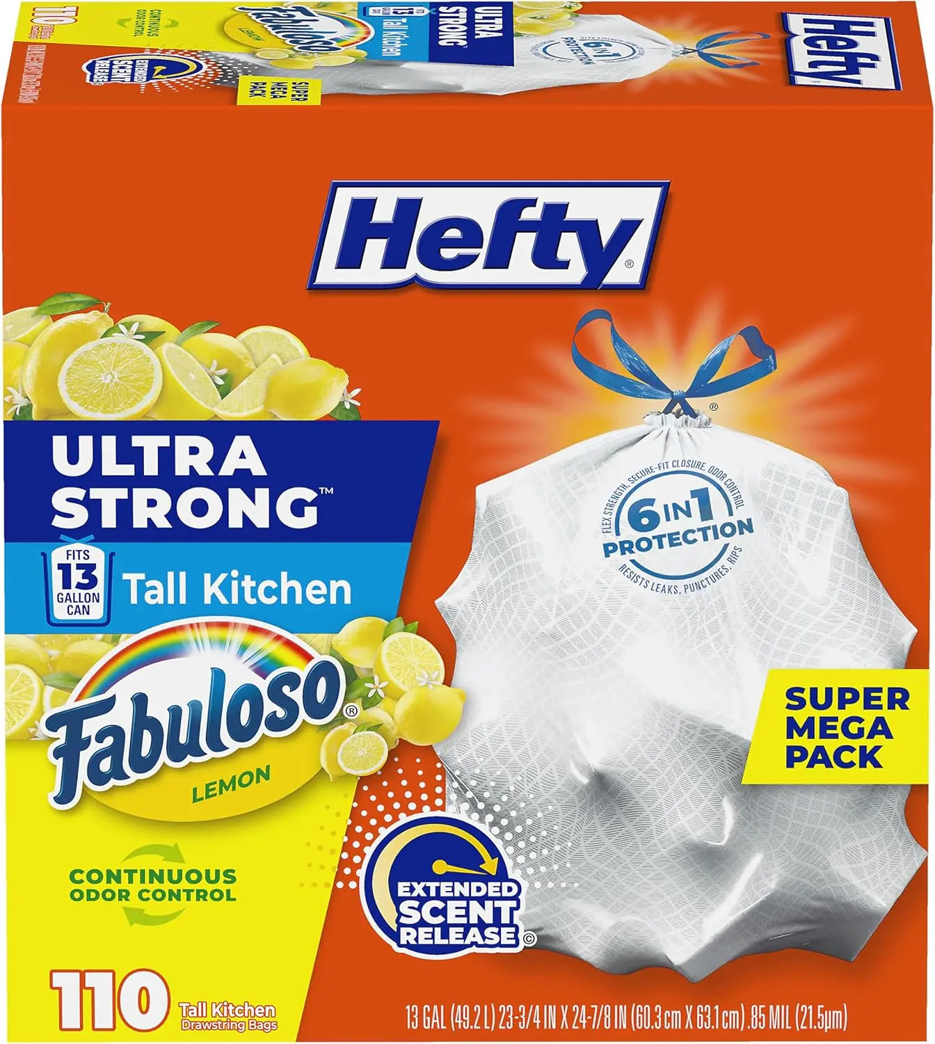 

13 Gallon Tall Kitchen Trash Bags, Leak & Puncture Resistant, Odor Control, Fabuloso Lemon Scent, 110 Count