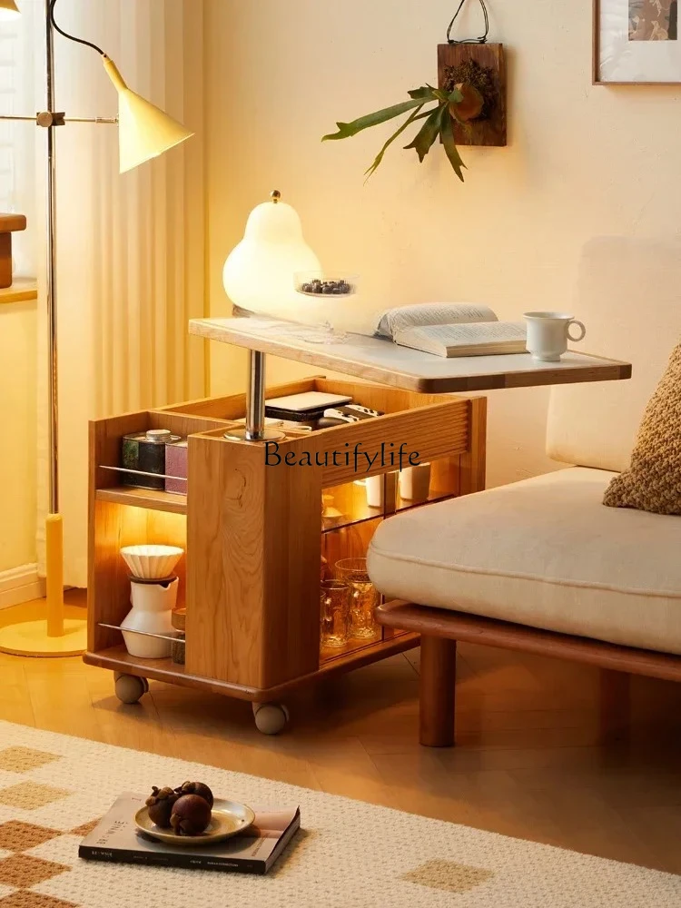 solid wood liftable coffee table cherry wood rock slab mobile trolley sofa side table tea storage side cabinet
