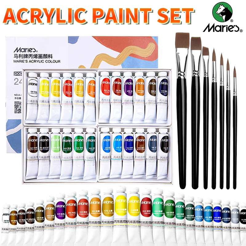 Marie's 24 Colors Acrylic Paint Set with 7 Brushes,12ml/0.4oz,24 Tubes,Art Supply Kit for Crafts,Canvas,Canvas,Wood,Rock,DIY
