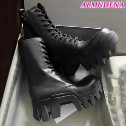 Platform Lack up Cool Motorcycle Boots Black Real Leather Thick Sole Mid Calf Boot Women Winter Luxury Designer Comfy Shoes