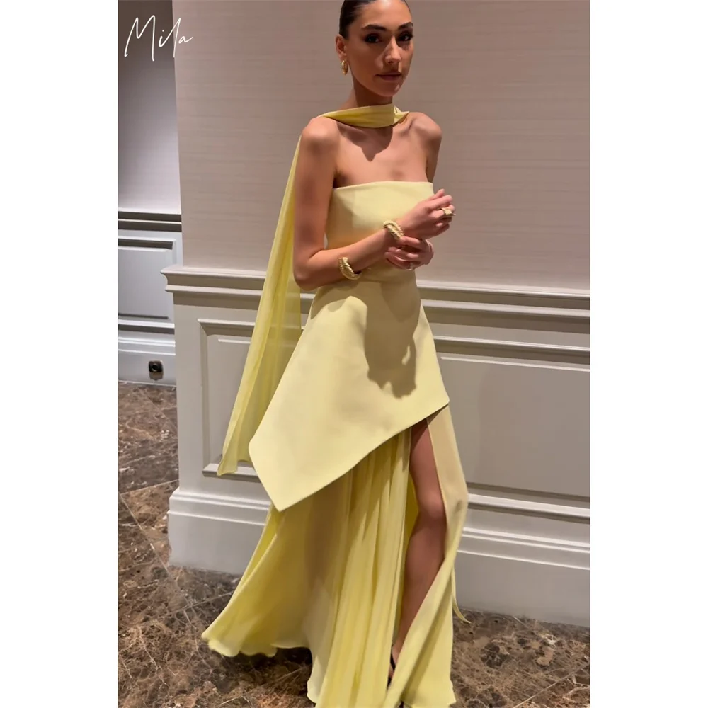 

Mila Halter Neck Strapless Prom Dresses 2025 Side High Split Sleeveless Evening Dresses Elegant Yellow Customized Party Dresses