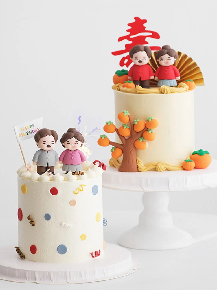 Grandpa Grandma Old Man Happy Birthday Party Doll Ornament Gifts Cake Topper Red Fan Chinese-style Blessing Door Baking Supplies