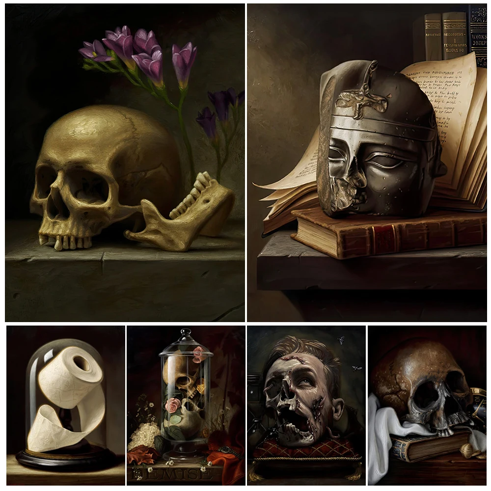 Saint Skull And Crown Skull Vintage Gothic Wall Art Decor Skeleton And Books Abstract Victorain Art Poster Print Home Decoration