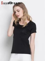 SuyaDream Woman Silk T shirt Knitted Real Silk Short Sleeved O neck Solid Basic Tee Simple Summer Top Black White