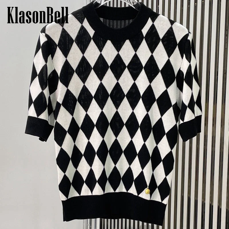 

7.18 KlasonBell Women Classic Argyle Plaid Contrast Color Knit T-Shirt 2024 New Short Sleeve Sheer Thin Pullover Top