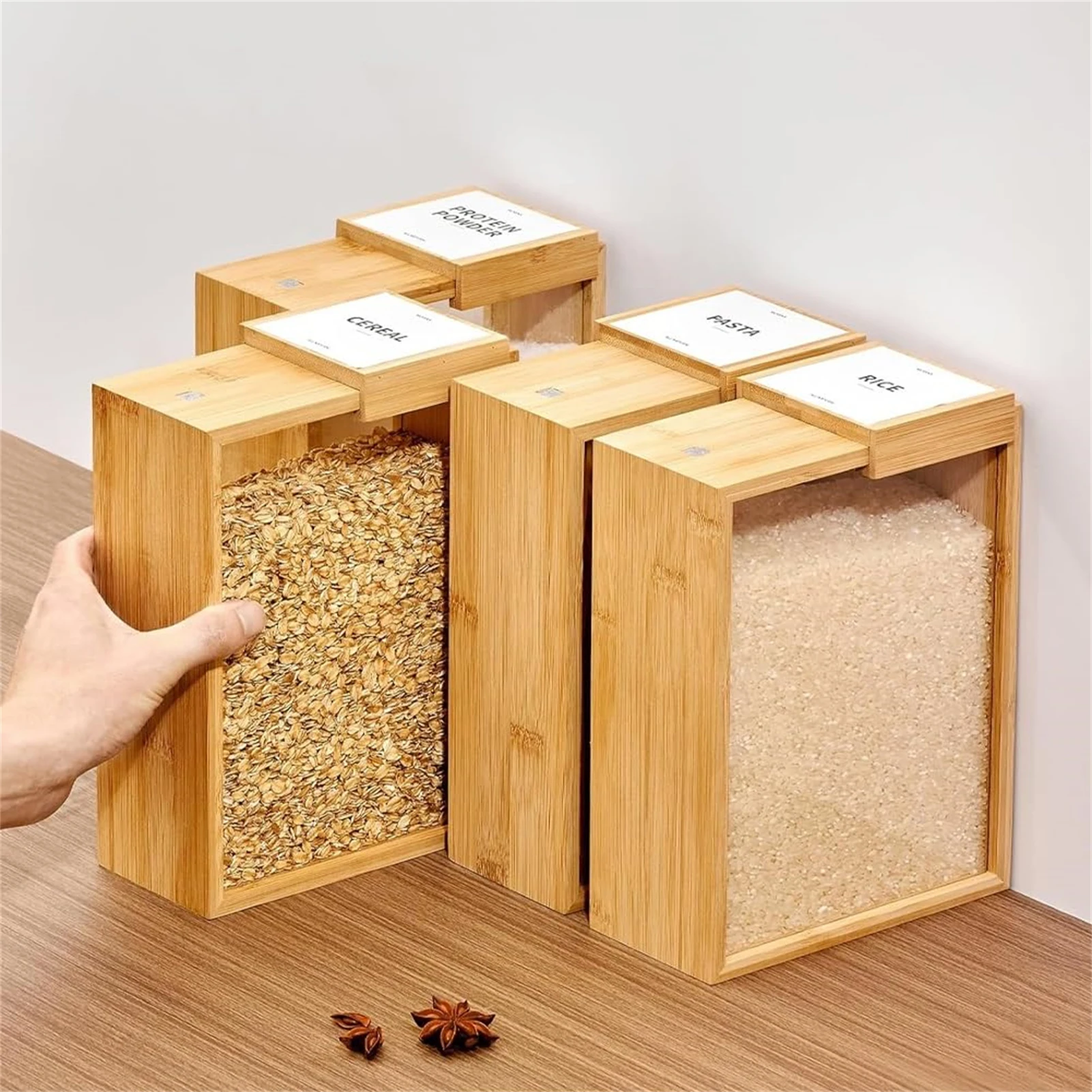 Contenedor hermético transparente para almacenamiento de arroz, dispensador de alimentos acrílico y madera de bambú para cereales, arroz, aperitivos y dulces