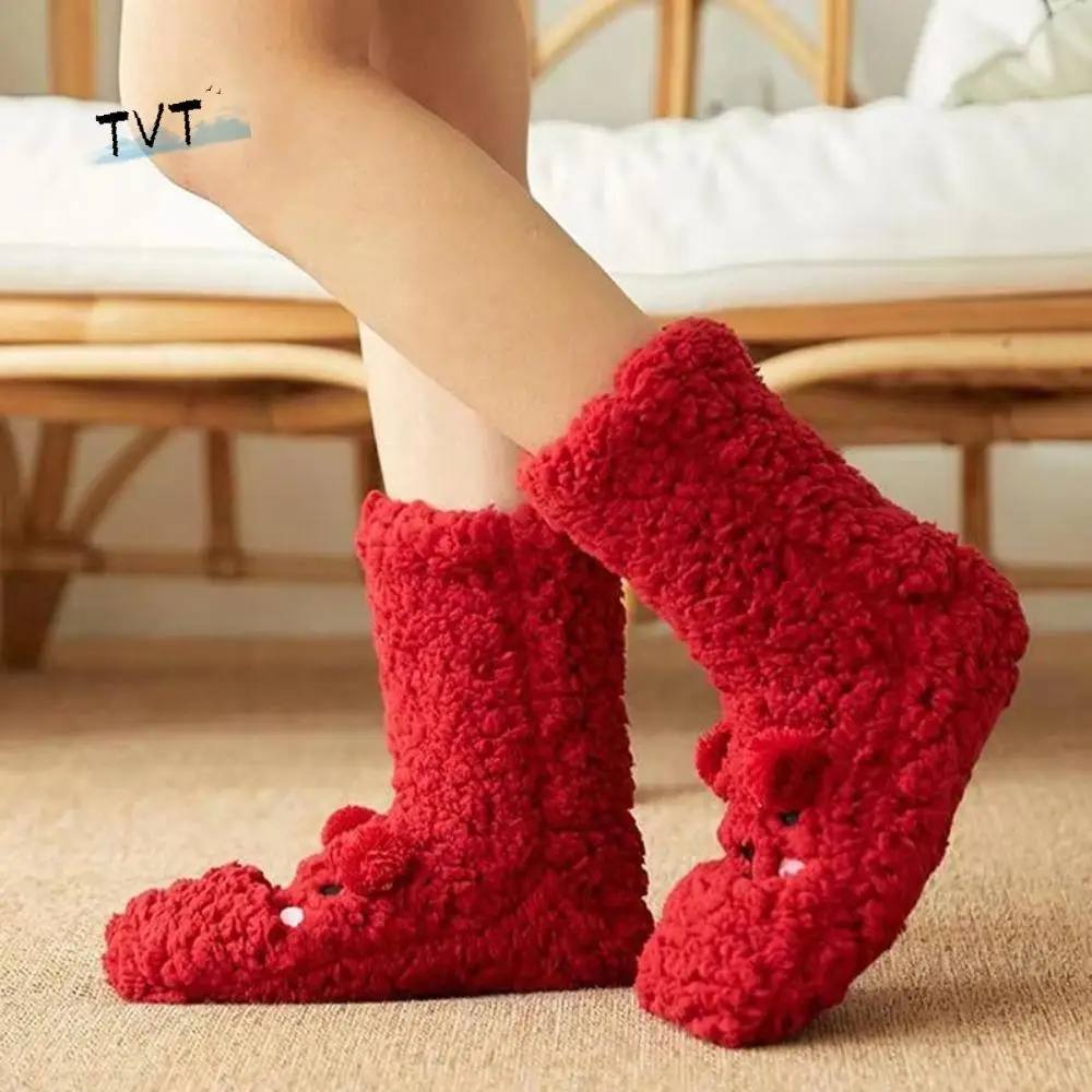 Bordado inverno meias de chão dos desenhos animados de pelúcia grosso meias térmicas tubo médio engrossar quente animal gráfico meias presentes