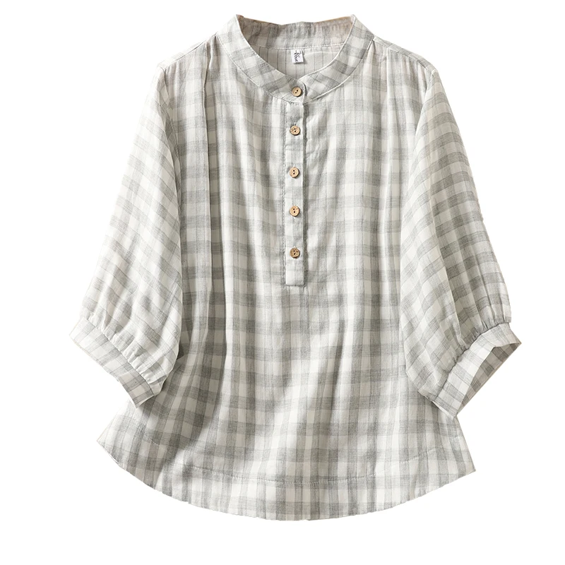 قميص قطني فضفاض للنساء بنقشة مربعات، نصف كم، ياقة عالية، قميص متعدد الاستخدامات للعمل، قميص قطني بنقشة جينغهام بأكمام سبعة أرباع #3