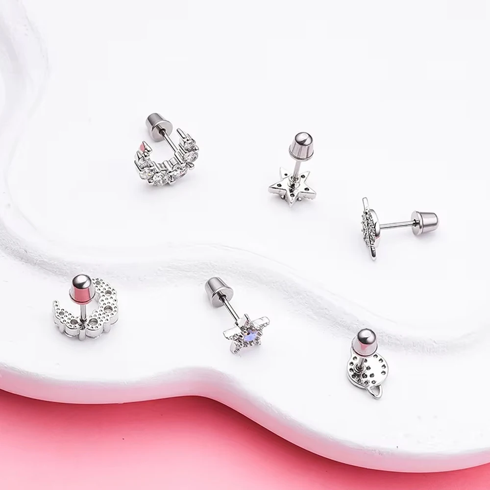 Catuni Star Moon Planet Earrings Set Women's Silver Color Diamond Space Theme Ear Pendants Non-Allergenic Fashion Accessories