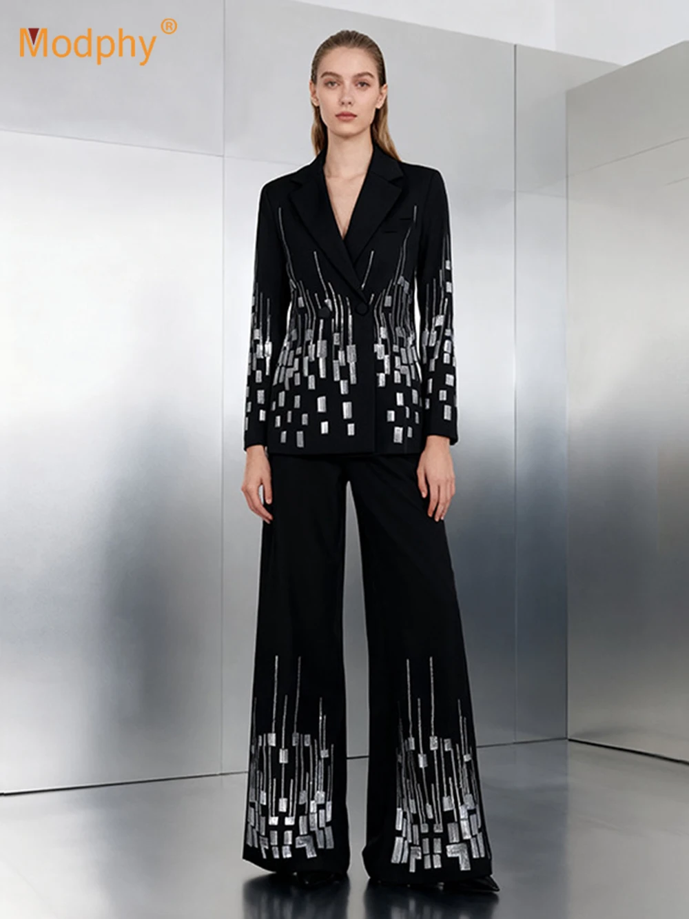 Modphy Autumn Slim Women'S Suit Set Fashion 2025 New Double-Breasted Blazer & Wide-Leg Pants Set Winter Solid Chic Outfit