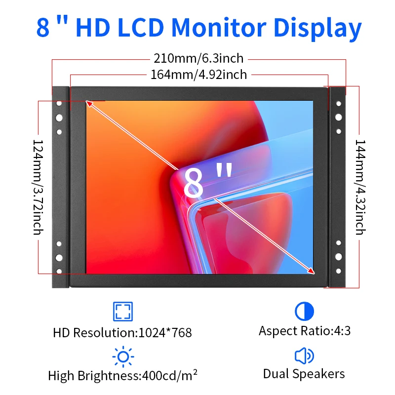 8 Inch Open Frame Industrial Lcd Monitor Wall-Hanging Metal Case Display with VGA/HDMI/BNC/USB/AV Signal Input