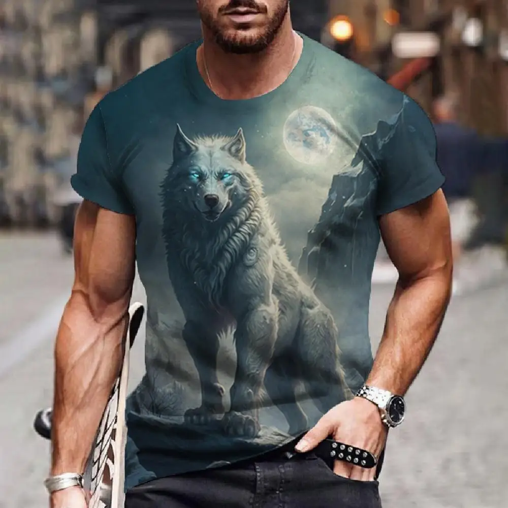 Camiseta de lobo de manga curta masculina, top 3D com estampa animal, camiseta casual de rua, roupas vintage, 2022