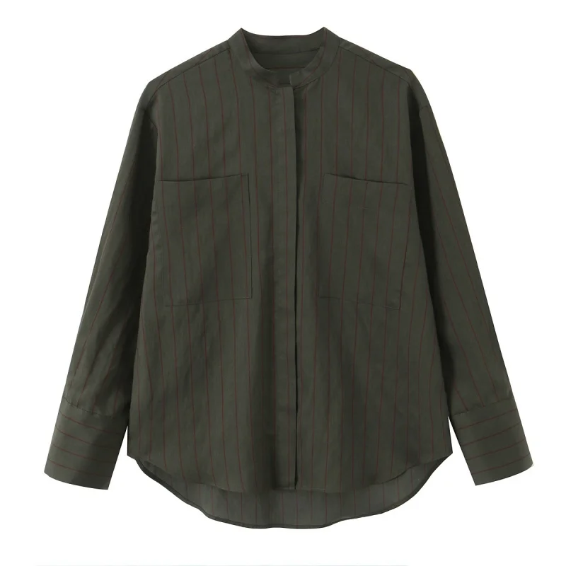 Spring Autumn Stand Collar Long Sleeve Single Breasted Striped Shirts Women Pockets Decoration Blouses Female Casual Wear 2025
