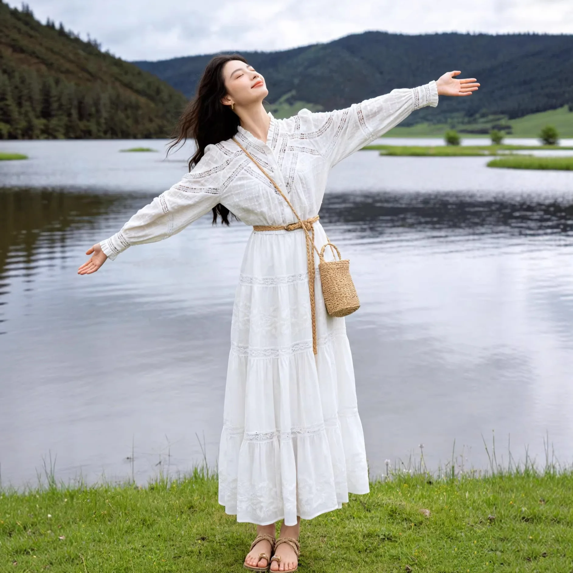 

Spring 2026 Holiday Style Embroidered Lace Splicing V-Neck Loose Shirt French Cotton Long Sleeve Unisex Fashion Casual Top