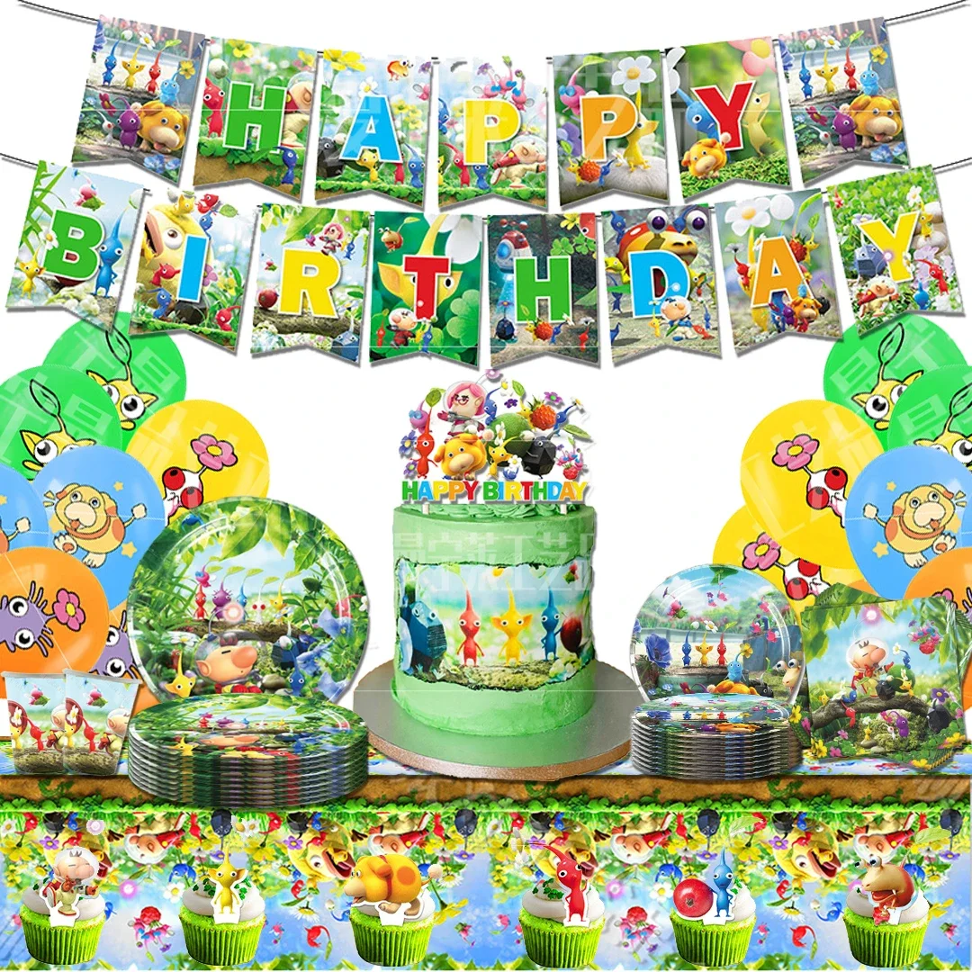 

Hot Game Pikmin Birthday Party Decorative set dinnerware Banner Cake Disposable Hanging Flag Pikmin Balloons Birthday Decoration