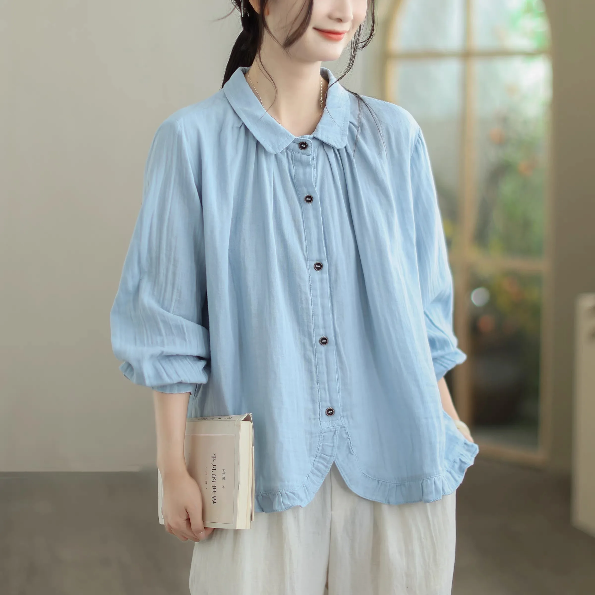 

Loose Long Sleeve Double Layer Cotton Shirt for Women Spring 2026 Fashionable Breathable Casual Neck Open Cardigan