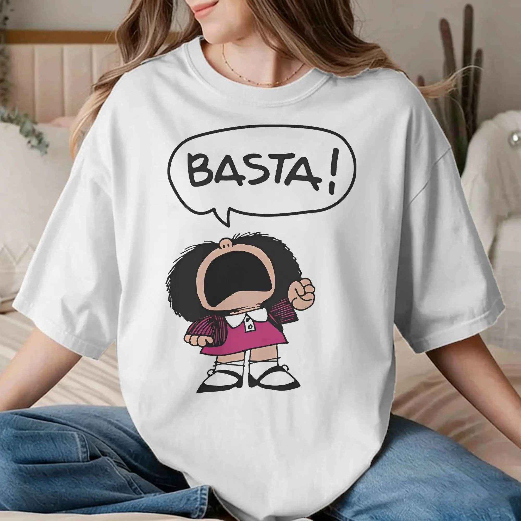 Mafalda ¡Basta! Camiseta para hombre y mujer, camisetas de algodón con dibujos animados para tiempo libre, camisetas de manga corta con cuello redondo, ropa para regalo