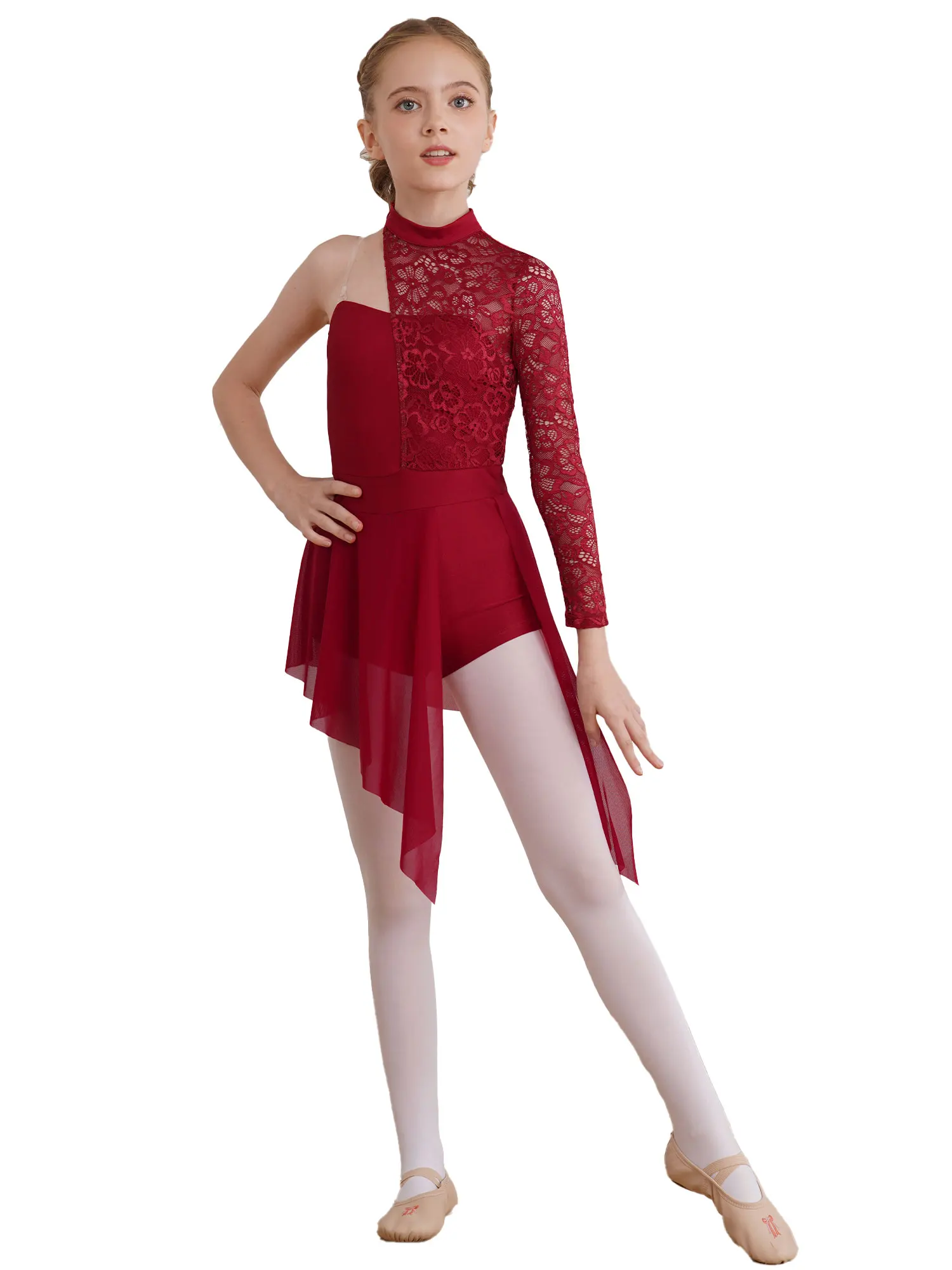 Kids Girls Modern Lyrical Dance Dress Figure Skating Gymnastics Ballet Dancewear Floral Lace Bodice Jazz Cha-cha Dance Leotard