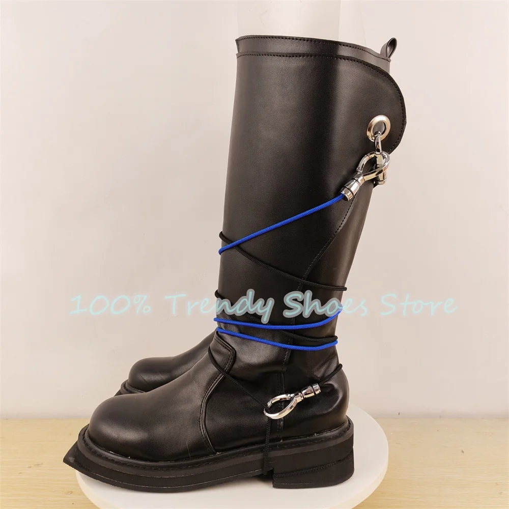 Fashion Design Hollow-Out Chunky Heel Women Long Boots Mixed Color Cross-Tied Knee High Boots Lady Leisure Knight Boots