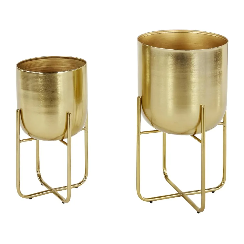 

16", 13"H Brushed Dome Gold Metal Planter with Curved X-Shaped Bases (2 Count)