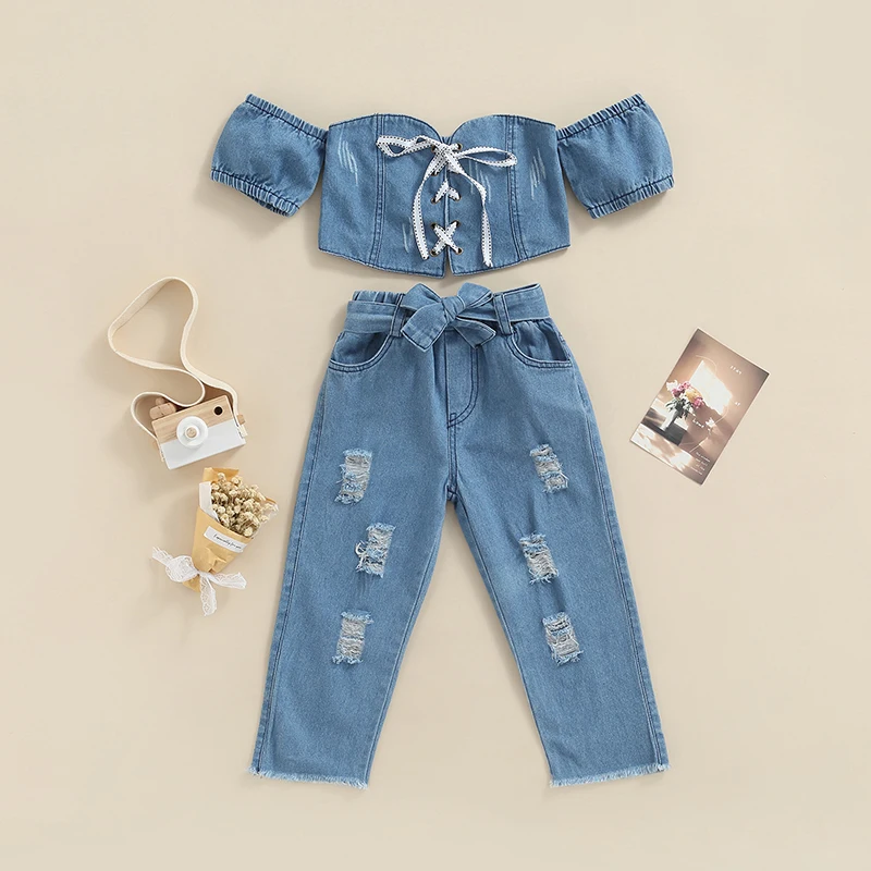 

Girls Denim Outfits Stylish Off-Shoulder Crop Tops with Lace-Up Detail and Distressed Jeans for a Trendy Look